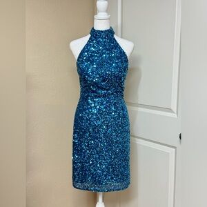 Ashley Lauren Size 4 Prom High Neck Blue Cocktail Dress